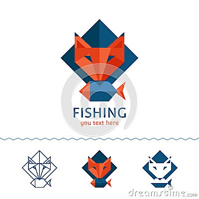 Fishing logotype. Fox holding a fish. Flat style, vector illustration. Vector Illustration