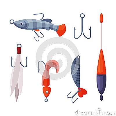 Fishing Lures Set, Artificial Plastic Accessories for Spinning Fishing with Crankbait Lures Cartoon Vector Illustration Vector Illustration