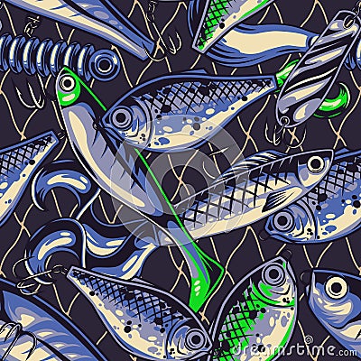 Fishing lures vintage seamless pattern Vector Illustration