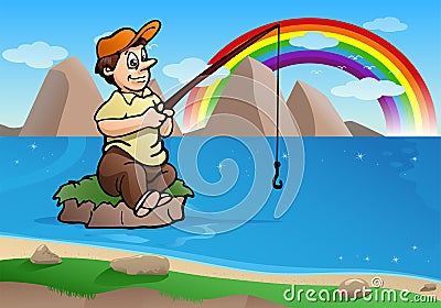 fishing man on small island Cartoon Illustration