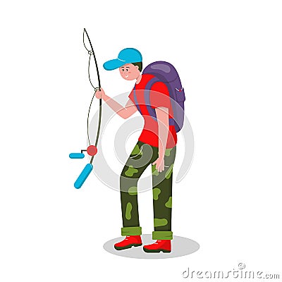 Fishing in nature. Fishing, quiet hunting. Vector character man on a white background goes with a fishing rod and a backpack for Stock Photo