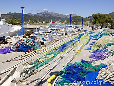 Fishing nets and tackle in Andratx port Stock Photo