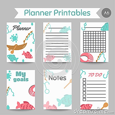 Fishing organizer Flat fish planner, with net or rod. Salmon steak and boat, fisher tackles, baits To do list and notes Vector Illustration