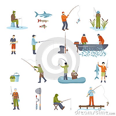 Fishing People Fish And Tools Icons Set Vector Illustration