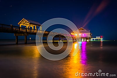 Fishing pier and the Gulf of Mexico at night, in Clearwater Beach, Florida. Stock Photo