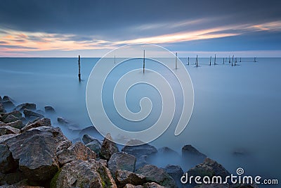 A Dutch lake, Markermeer during Sunset, with a long exposure Stock Photo