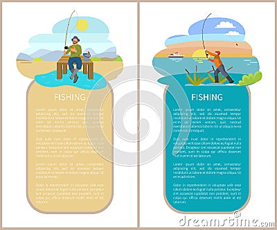 Fishing Posters Set with Men Vector Illustration Vector Illustration