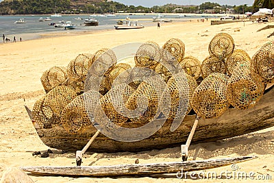 Fishing pots on the boat, Nosy Be, Madagascar Editorial Stock Photo