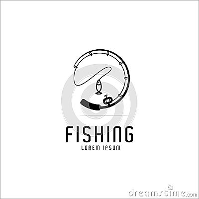 Fishing rod circle logo design,fishing logo,black and white logo,icon, emblems,vector template Vector Illustration