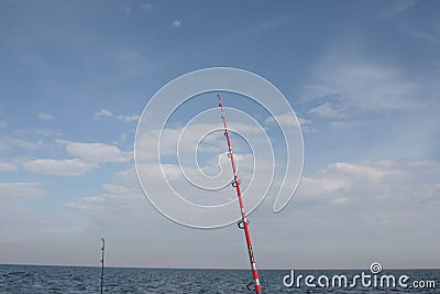 Fishing rod prepared on the boat. Stock Photo