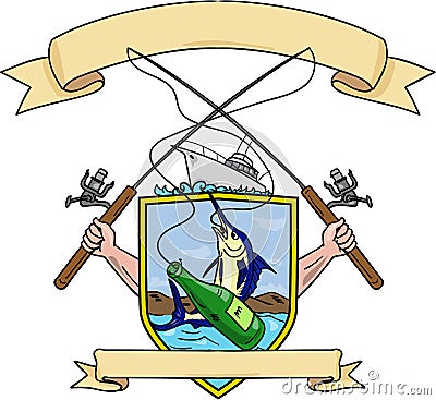 Fishing Rod Reel Blue Marlin Fish Beer Bottle Coat of Arms Drawing Vector Illustration