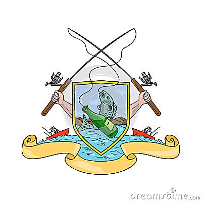 Fishing Rod Reel Hooking Fish Beer Bottle Coat of Arms Drawing Vector Illustration