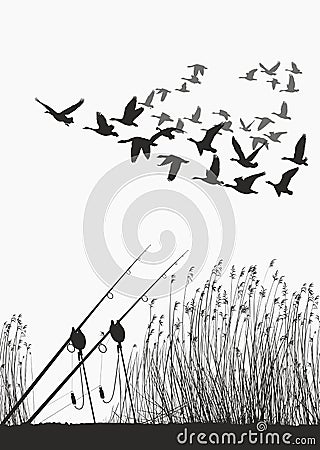 Fishing rod on the shore of the lake and geese Vector Illustration