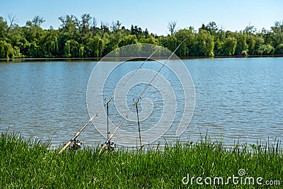 fishing rods on the shore of the pond Stock Photo