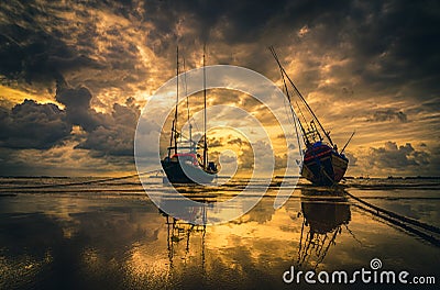 Fishing sea boat and Sunrise Stock Photo