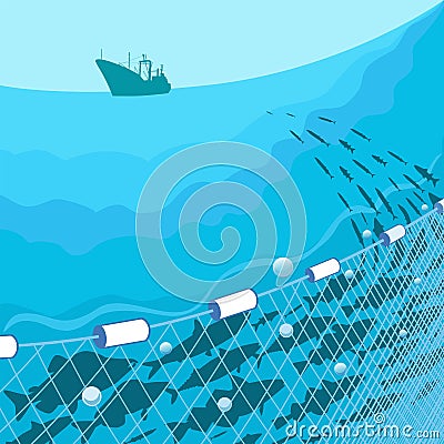 Commercial fish, fishing nets and fishing vessel Vector Illustration