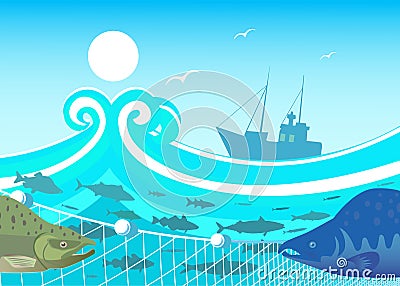 Commercial fish, fishing nets, fishing vessel in the sea Vector Illustration