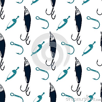 Fishing seamless pattern with spoon-bait and hook Vector Illustration