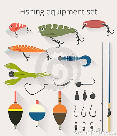 Fishing set of accessories for spinning fishing with crankbait lures and twisters and soft plastic bait fishing float Vector Illustration