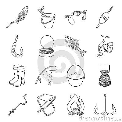 Fishing set icons in outline style. Big collection of fishing vector symbol stock illustration Vector Illustration