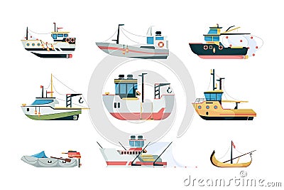 Fishing ship. Marine sea or ocean transport different fishing sailing boats vector flat pictures Vector Illustration