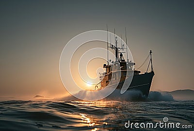 a fishing ship is moving under the sun Stock Photo