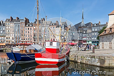 Fishing ship in old medieval harbor Honfleur, France Editorial Stock Photo