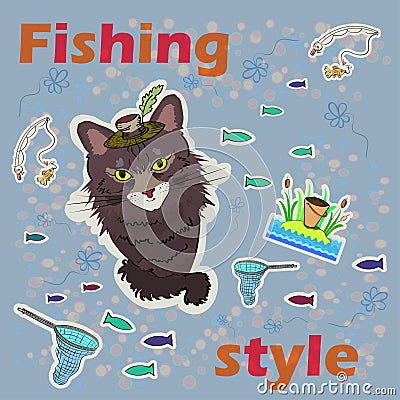 The fishing style. Cat fishing. Vector illustration Vector Illustration