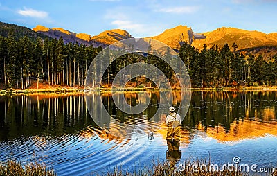 Fishing at Sunrise, Colorado Rocky Mountains Editorial Stock Photo