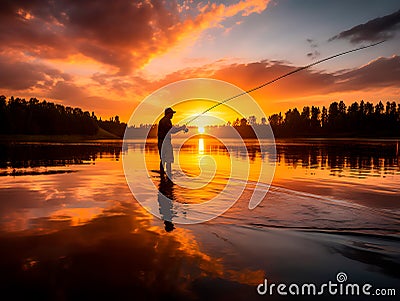 Fishing at sunset, a favorite hobby, a fisherman catches a predatory fish on the lake in the evening. Generative Ai Stock Photo