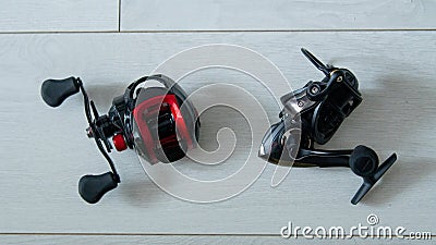 Fishing tackle baitcasting and non-inertia reel Stock Photo