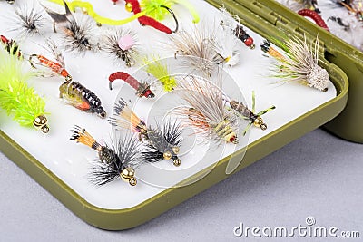 Fishing Tackle Box Filled with Small Hand Tied Flies Stock Photo