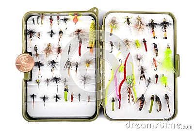 Fishing Tackle Box Filled with Small Hand Tied Flies Stock Photo