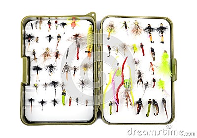 Fishing Tackle Box Filled with Small Hand Tied Flies Stock Photo