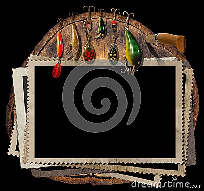 Fishing Tackle and Empty Photo Frames Stock Photo