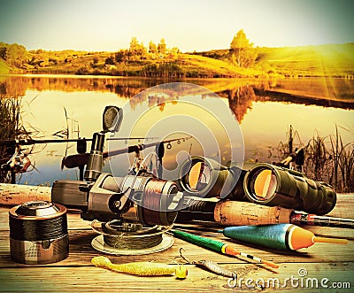 Fishing tackle on a pontoon Stock Photo