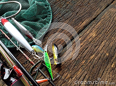 Fishing tackle set prepared on table Stock Photo