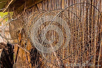 Fishing tackles hang on a reed wall Stock Photo