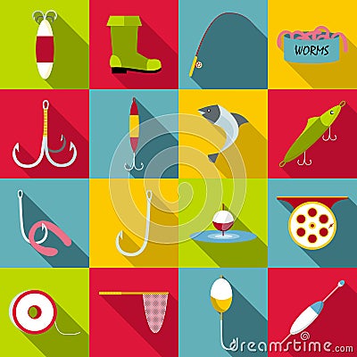 Fishing tools items icons set, flat style Vector Illustration