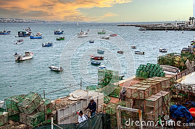 Anchored fishing boats in the harbor of Cascais Editorial Stock Photo