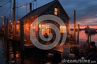 fishing trawlers cabin lights glowing against the dusk backdrop Stock Photo