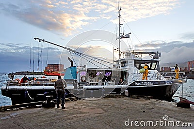 Fishing trawling boat arrives at Ports of Avatiu Rarotonga Cook Editorial Stock Photo
