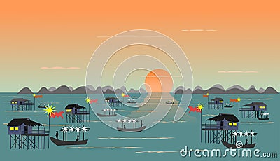 Fishing village on the sea Have a fishing boat sunset background Vector Illustration