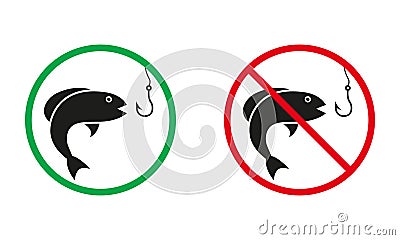 Fishing Warning Sign. Fish Silhouette Icons Set. Catch Fish in Lake and River Is Allowed. Fishing Prohibited Symbol Vector Illustration