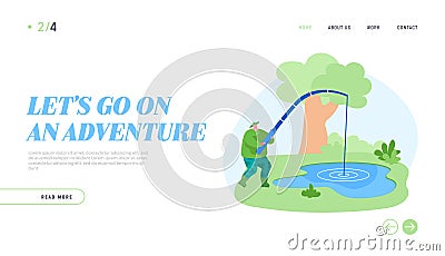 Fishman Have Good Catch Landing Page Template. Fisherman Character with Rod Catching Fish in Pond Vector Illustration