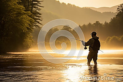 Fishman with spinning rod on lake bank at misty foggy sunrise. Generative AI Stock Photo