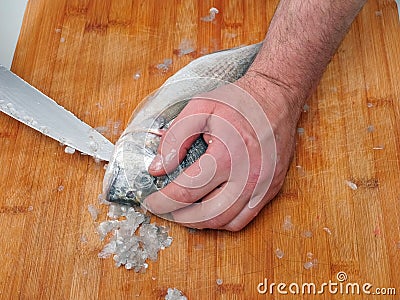 Fishmonger cleaning raw uncooked sea bream on wooden board with sharp knife. Scales on the board, belly cutting stage Stock Photo