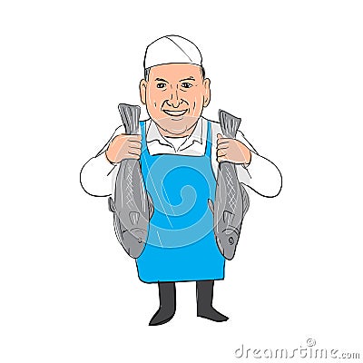 Fishmonger Holding Selling Fish Cartoon Vector Illustration