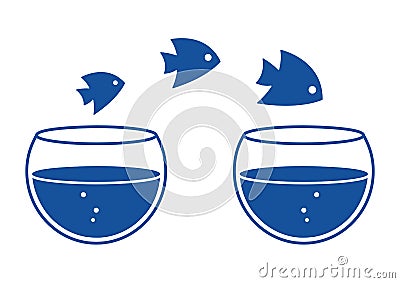 Fishs jumping out one aquariums to another aquarium. Vector illustration Cartoon Illustration