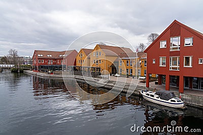 Fiskebrygga in Kristiansand, beautiful colorful houses, Norway Stock Photo
